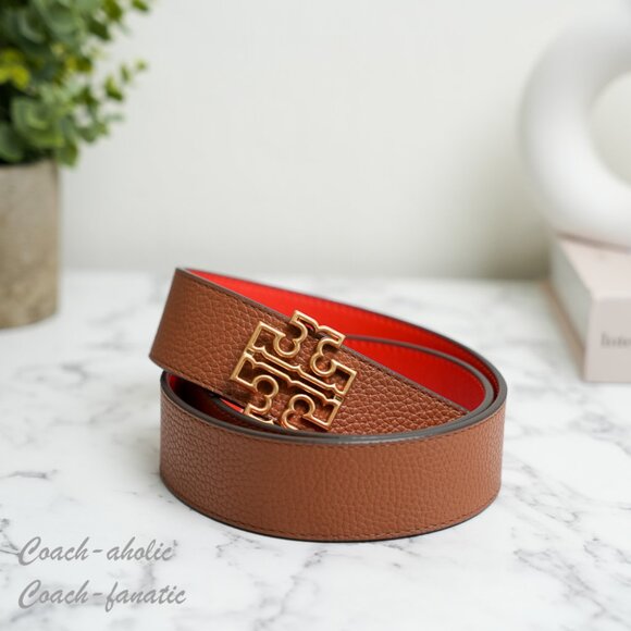 NWT Tory Burch Britten Logo Reversible Leather Belt 1.5" Width Size S Tan/poppy - Picture 1 of 4
